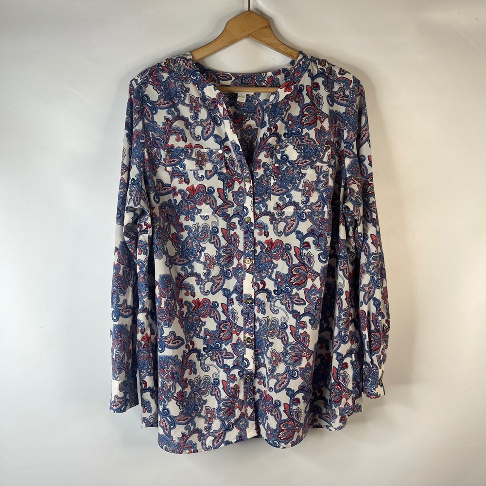 Charter Club Blouse Women 1X Blue Red Paisley Button Front Long Sleeve Top